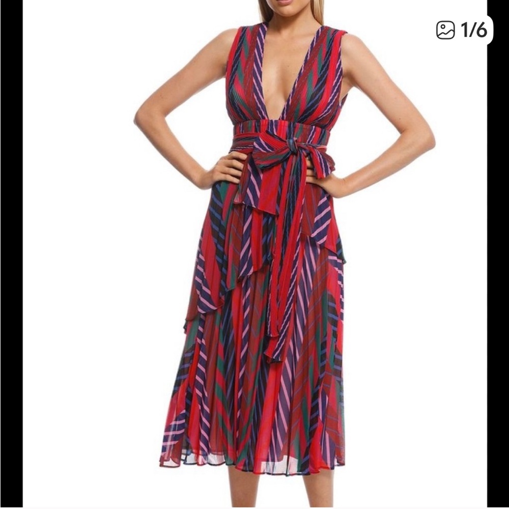 TALULAH Red, Pink & Purple Striped Sleeveless V-Neck Midi Dress